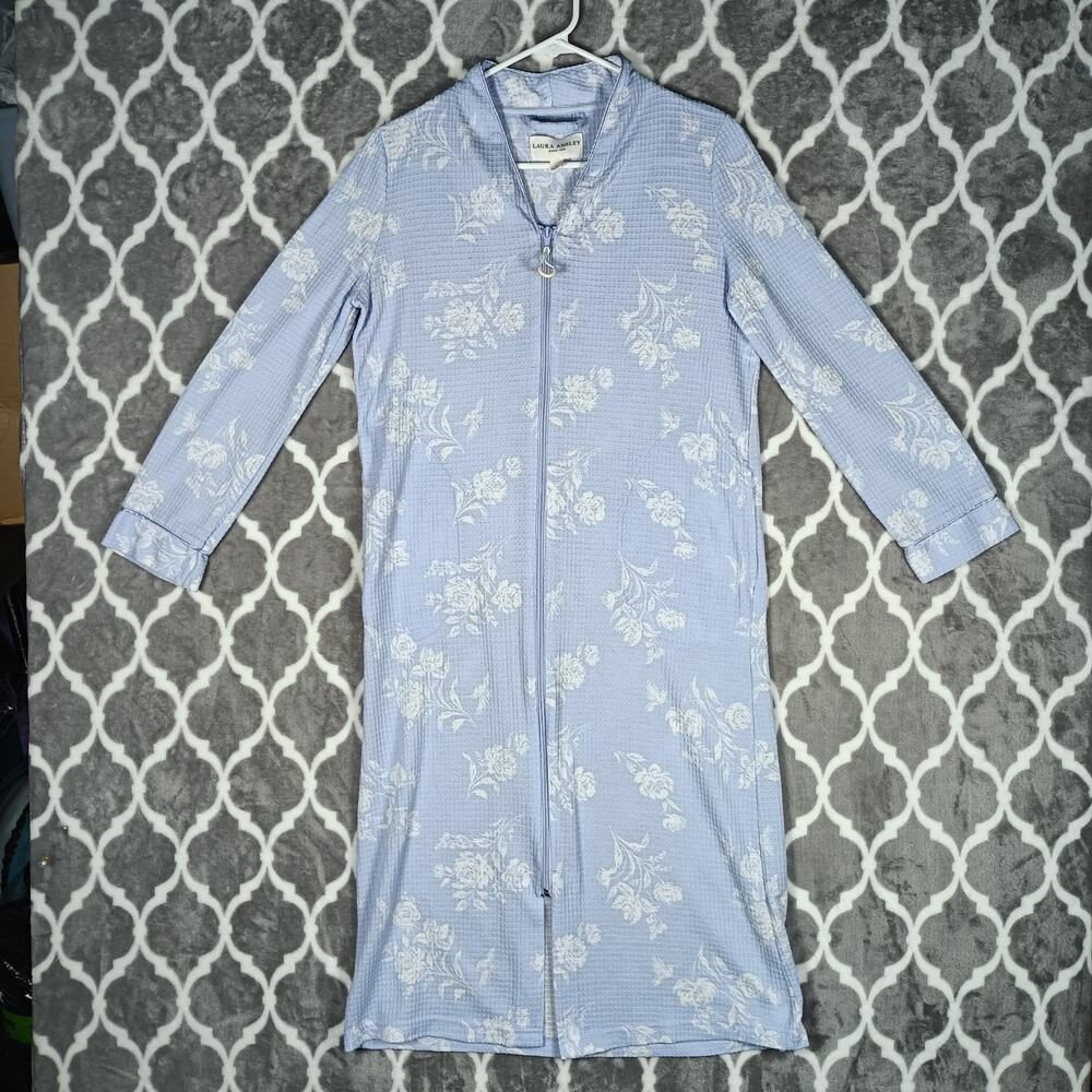 Laura Ashley Robe Women Small Blue Full Zip Waffle Knit Pockets